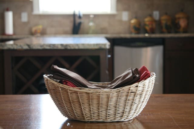 Basket of napkins kept handy make the transition to a paperless home easy.
