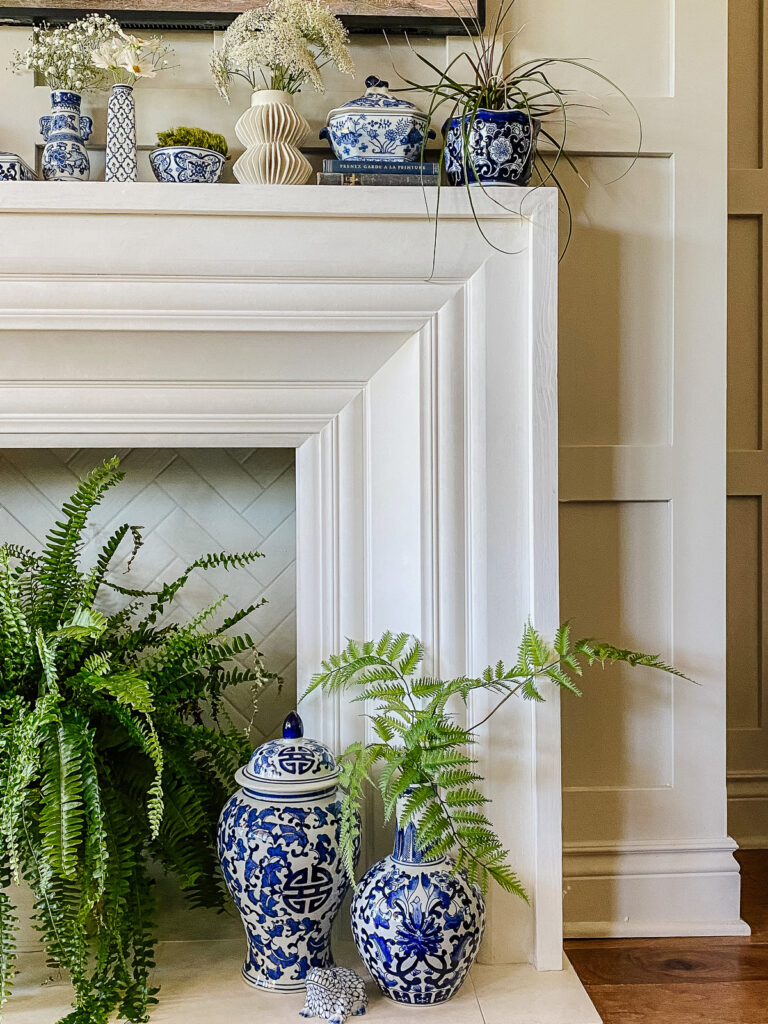 Blue and white porcelain on summer mantel