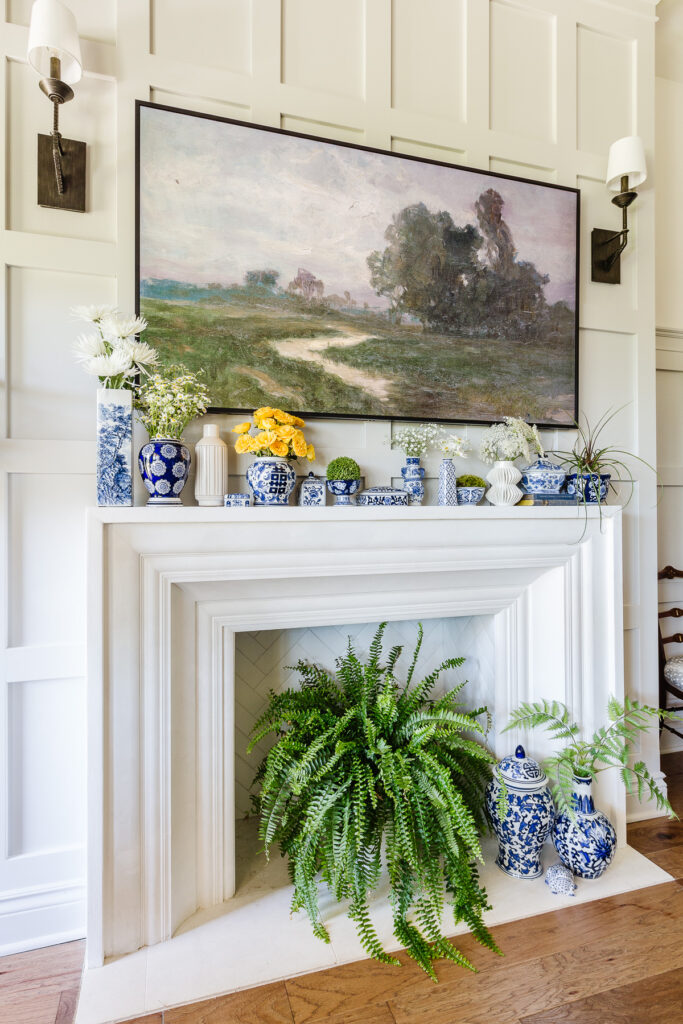 Blue and white chinoiserie mantel for summer with ferns