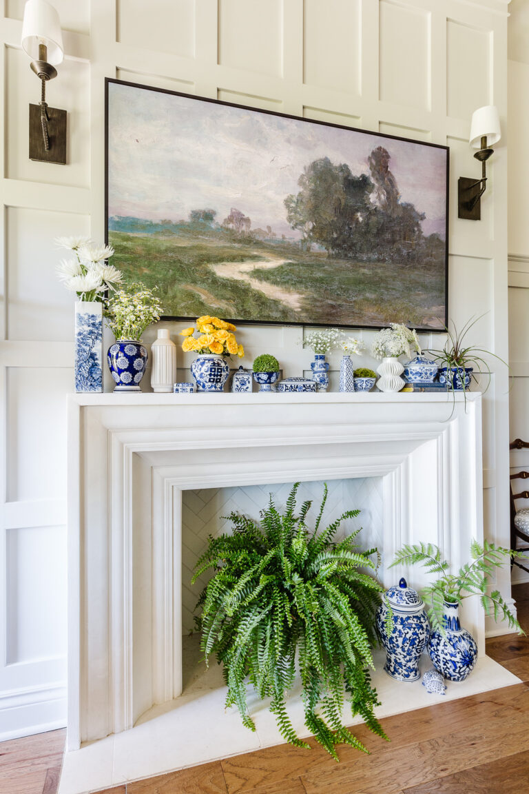 A Summer Mantel with Blue & White Porcelain - Deeply Southern Home