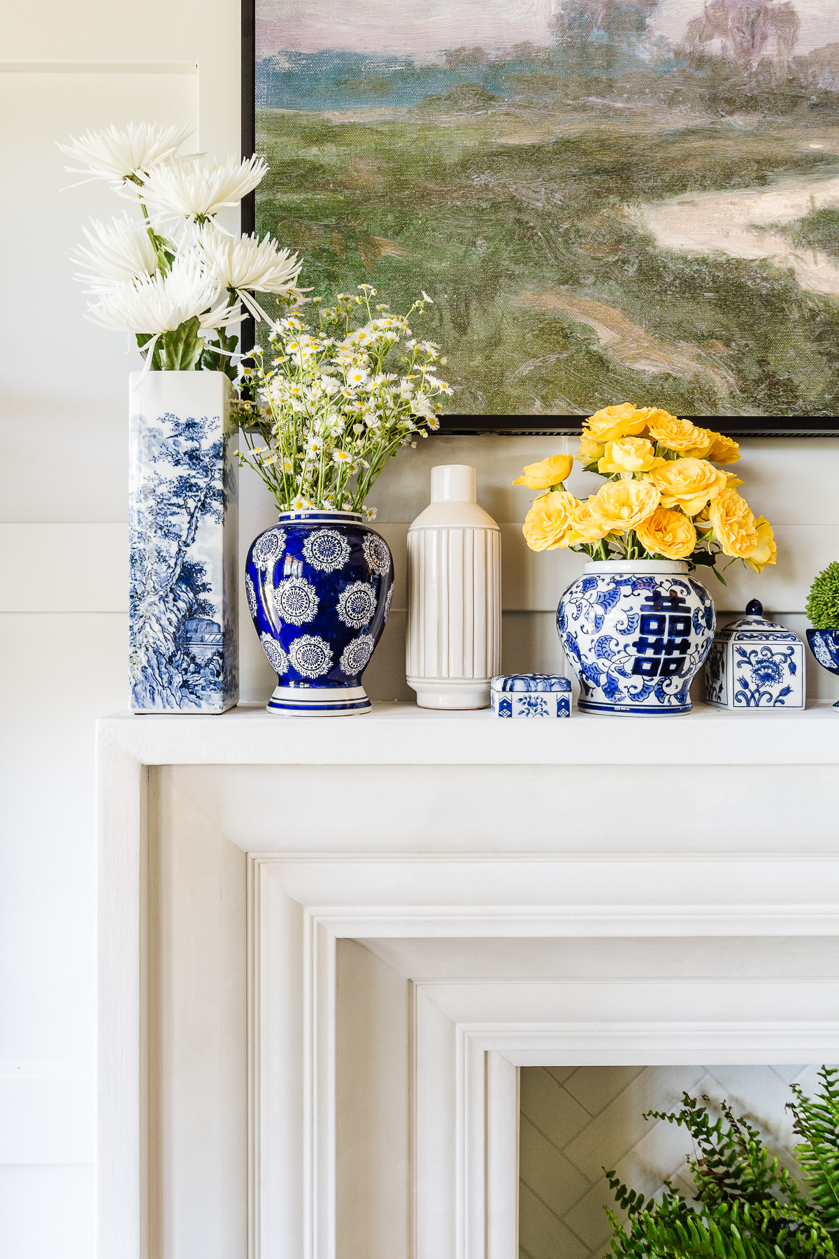 A Summer Mantel with Blue & White Porcelain - Deeply Southern Home