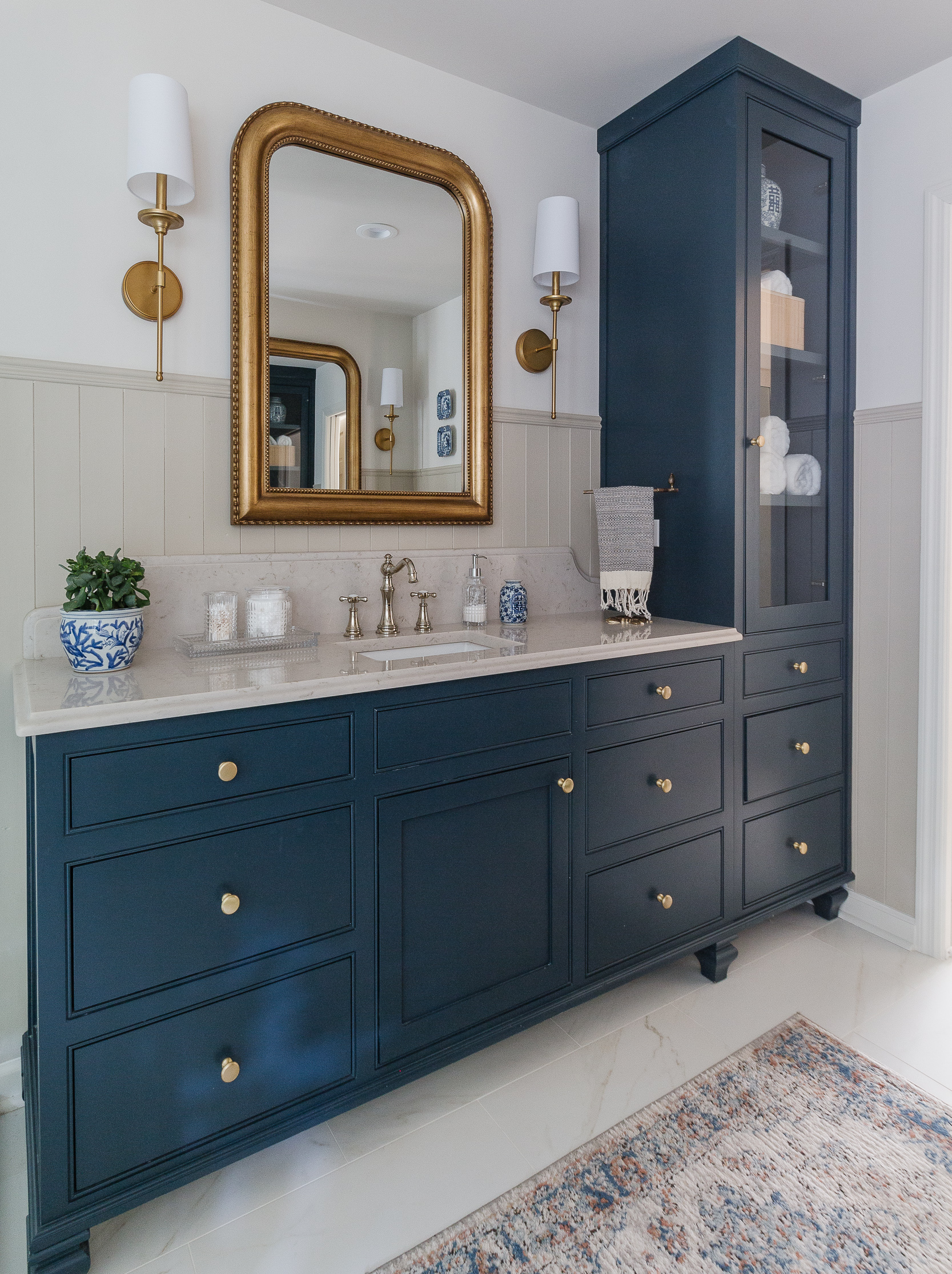 Navy and Brass Bathroom Reveal  Bathroom, Brass bathroom, Bathrooms remodel