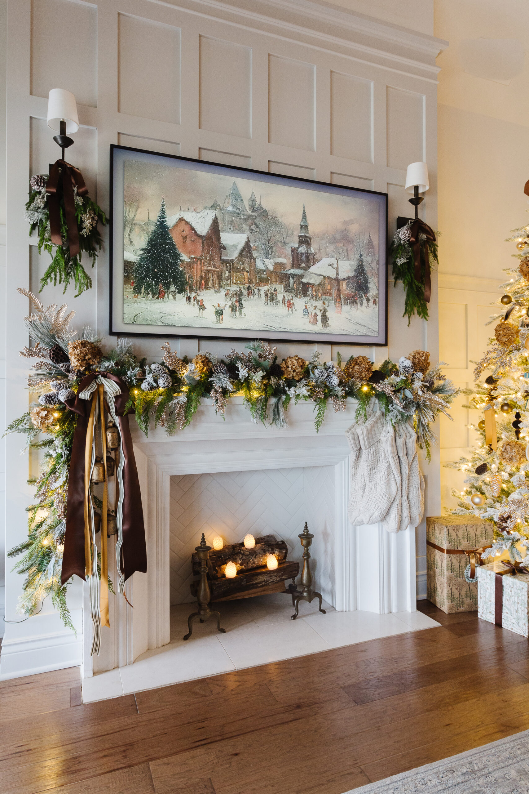 mantel with cypress prelit garland and flocked accents
