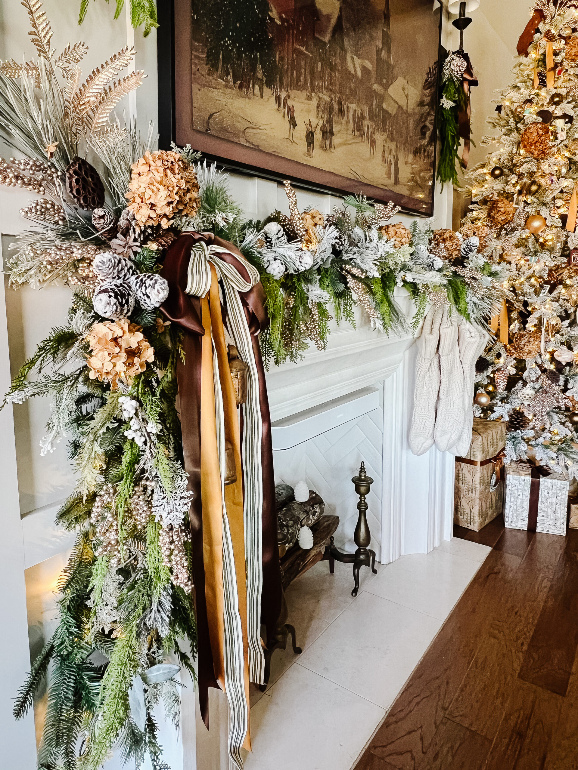 mantel decor for christams with dried hydrangeas brown ribbon