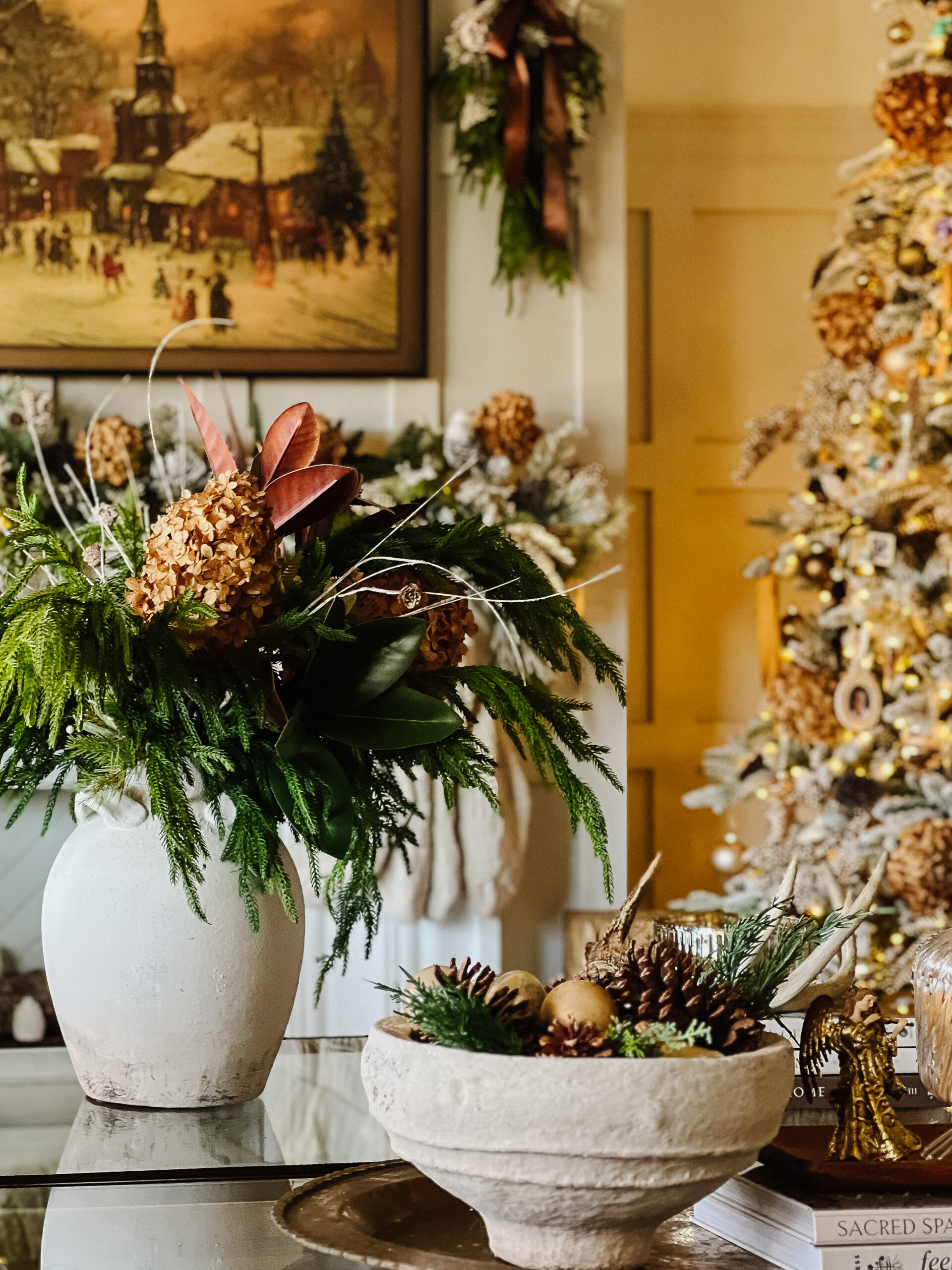 pinecones and dried hydrangeas as christmas decor